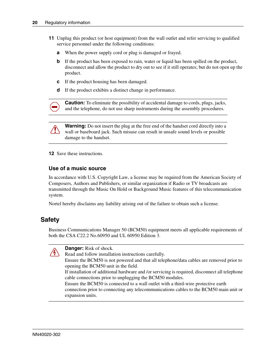 Safety | Nortel Networks BCM50 User Manual | Page 20 / 280