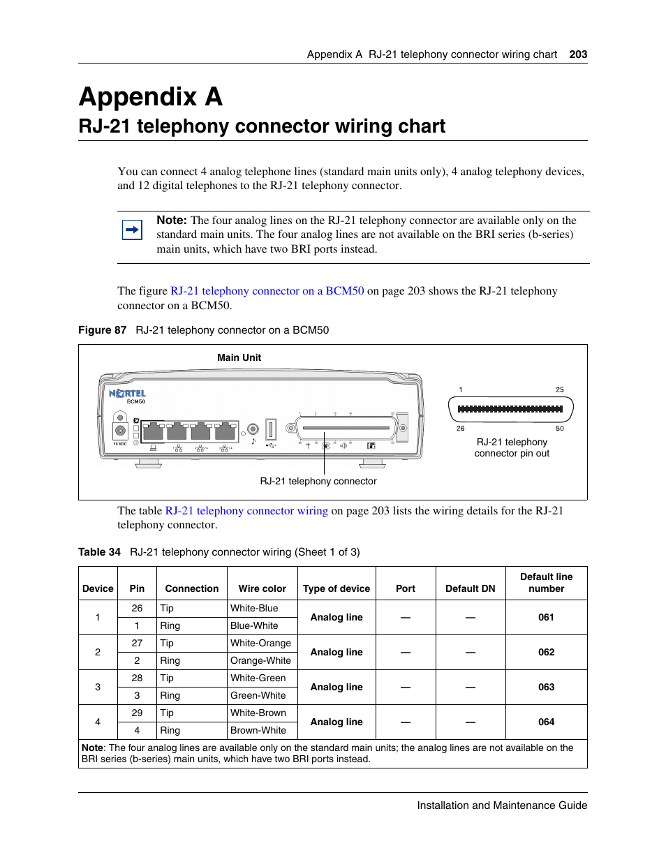 Rj-21 telephony connector wiring chart, Appendix a rj-21 telephony connector wiring chart, Rj-21 telephony | Connector wiring chart, Rj-21, Telephony connector wiring chart, Rj-21 telephony connector, Wiring chart, T, see, Appendix a | Nortel Networks BCM50 User Manual | Page 203 / 280