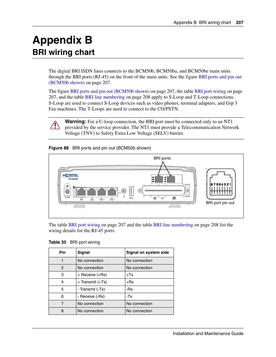 Bri wiring chart, Appendix b bri wiring chart, Appendix b | Nortel Networks BCM50 User Manual | Page 207 / 280