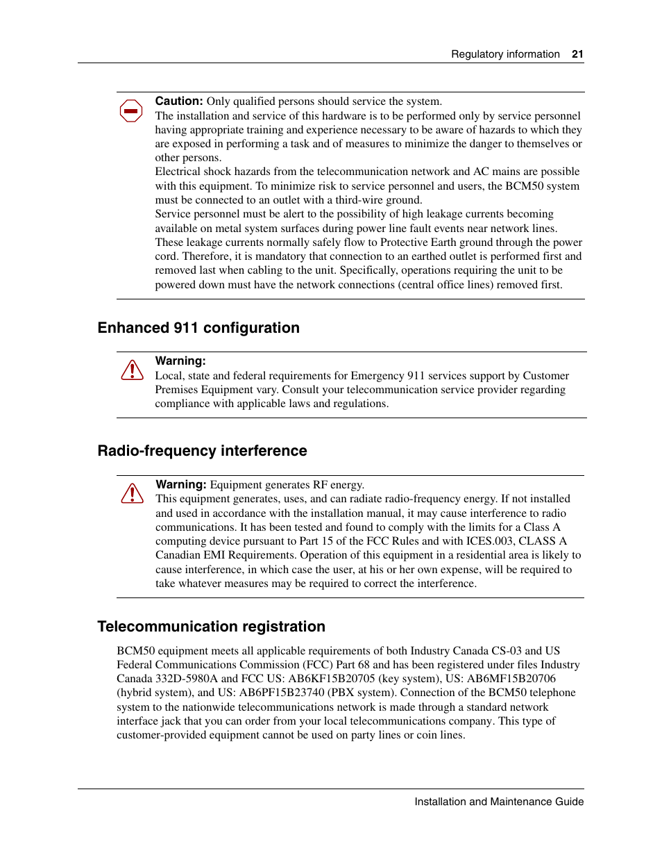 Enhanced 911 configuration, Radio-frequency interference, Telecommunication registration | Nortel Networks BCM50 User Manual | Page 21 / 280