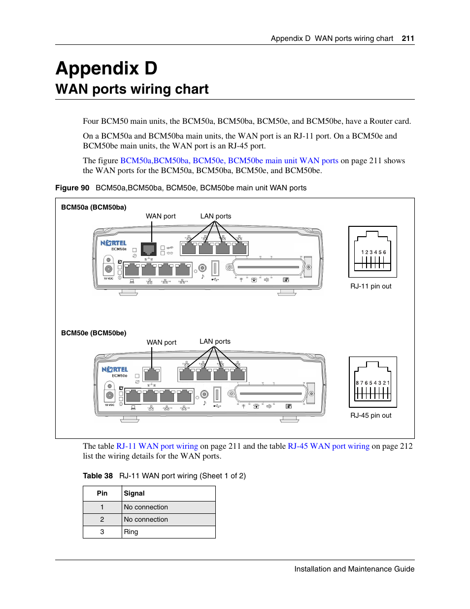 Wan ports wiring chart, Appendix d wan ports wiring chart, Appendix d | Nortel Networks BCM50 User Manual | Page 211 / 280