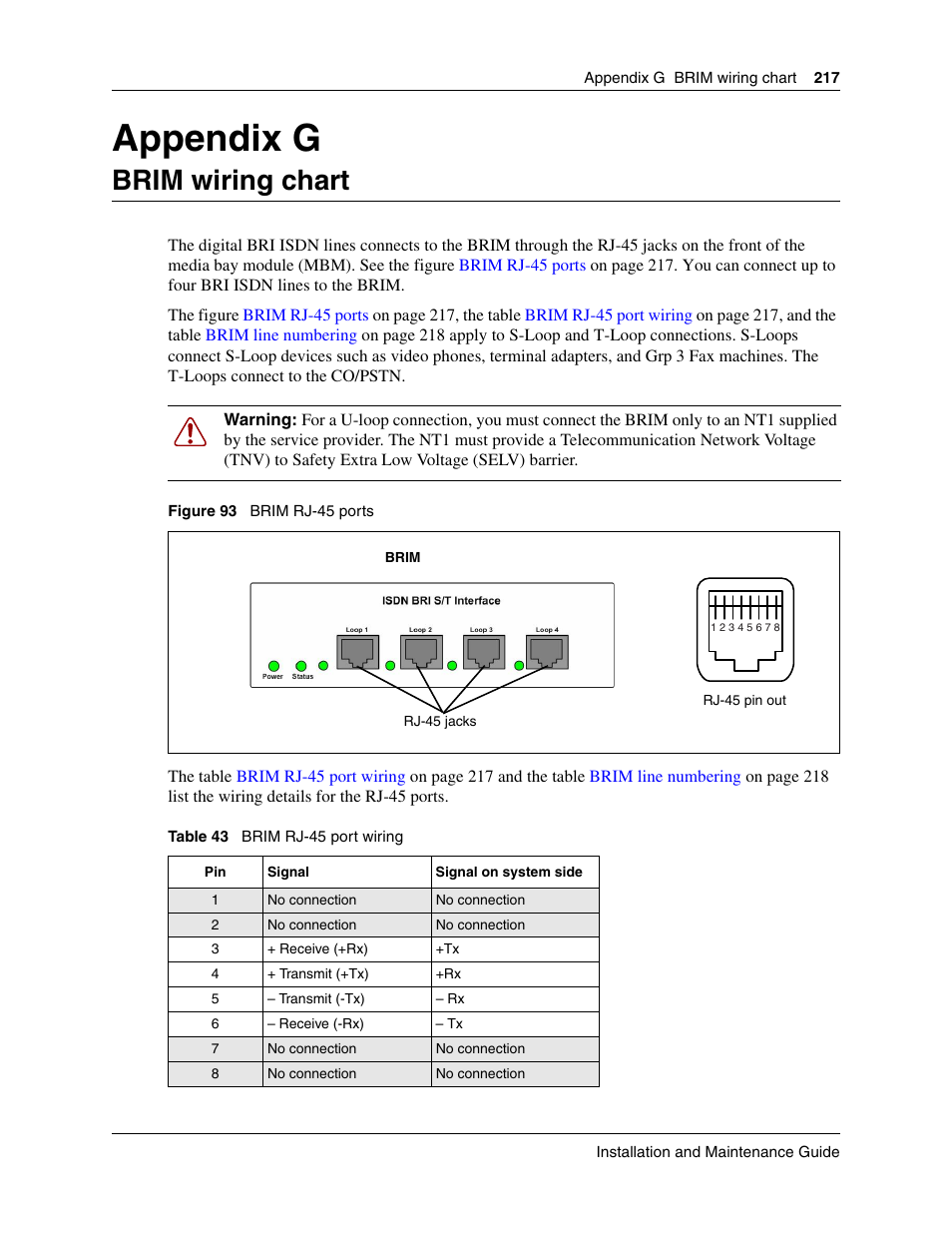 Brim wiring chart, Appendix g brim wiring chart, Appendix g | Nortel Networks BCM50 User Manual | Page 217 / 280