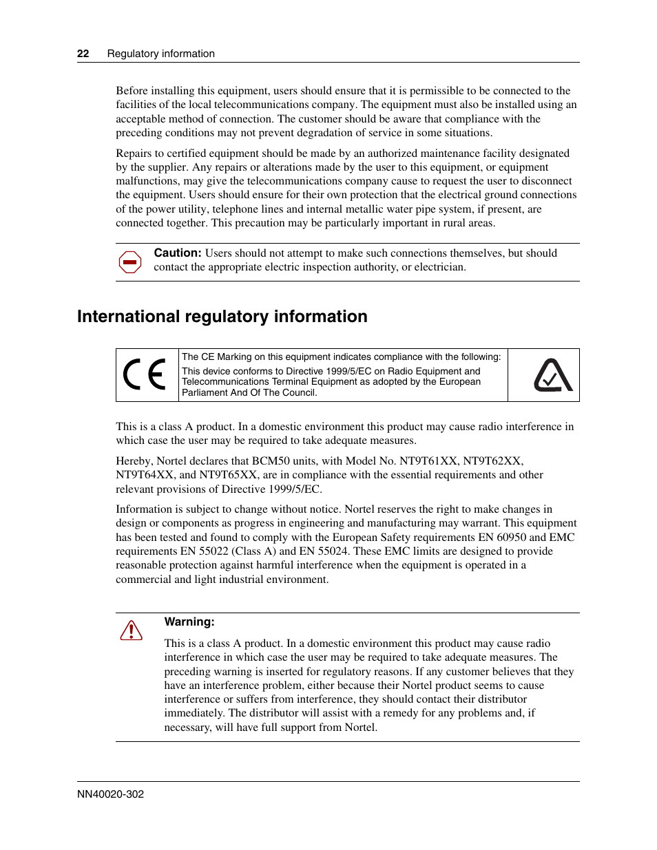 International regulatory information | Nortel Networks BCM50 User Manual | Page 22 / 280