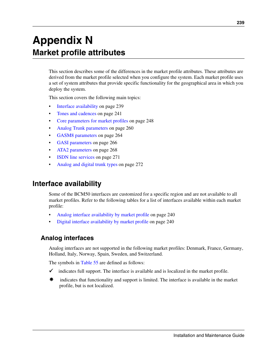 Market profile attributes, Interface availability, Analog interfaces | Appendix n market profile attributes, In your location, see, Appendix n | Nortel Networks BCM50 User Manual | Page 239 / 280