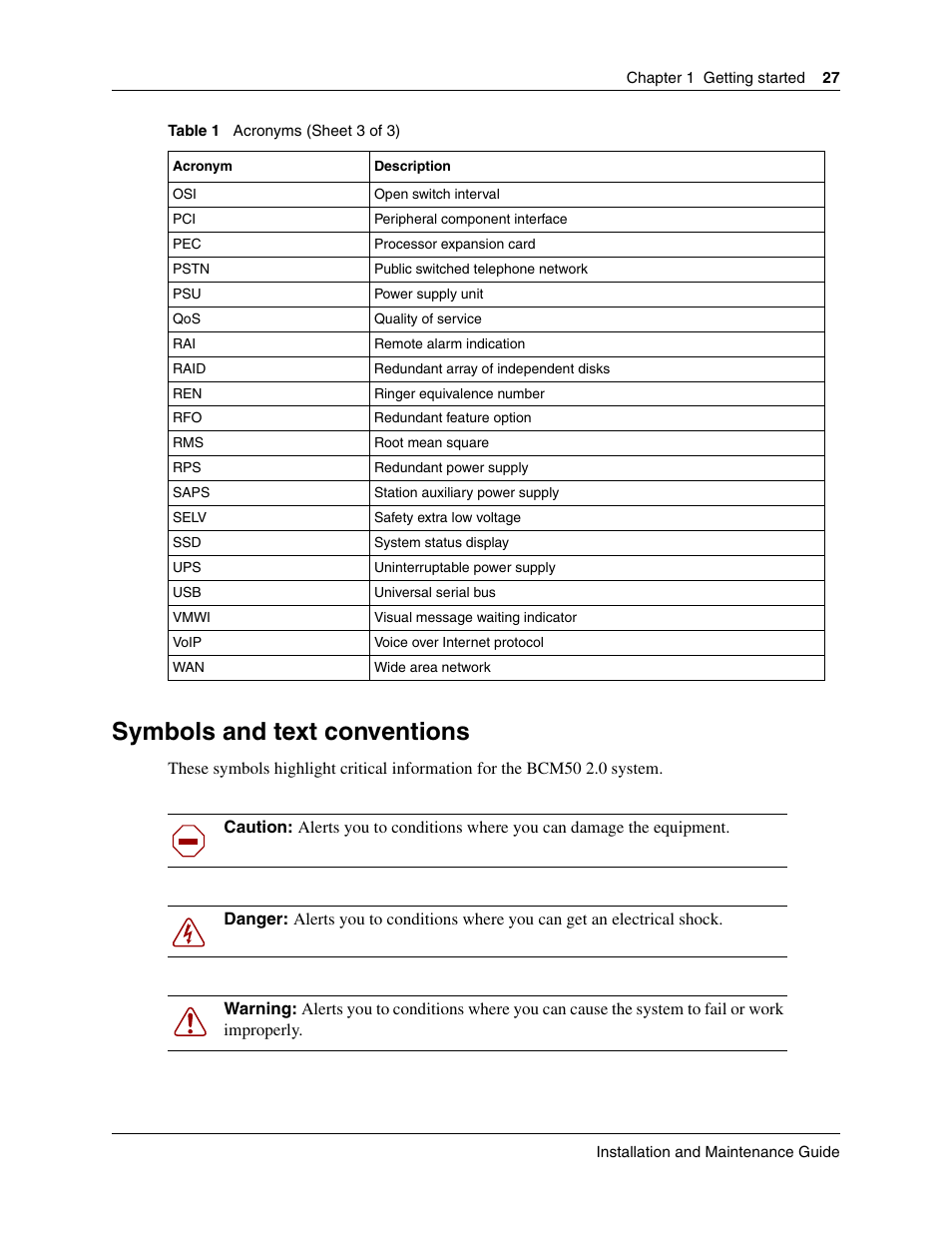 Symbols and text conventions | Nortel Networks BCM50 User Manual | Page 27 / 280