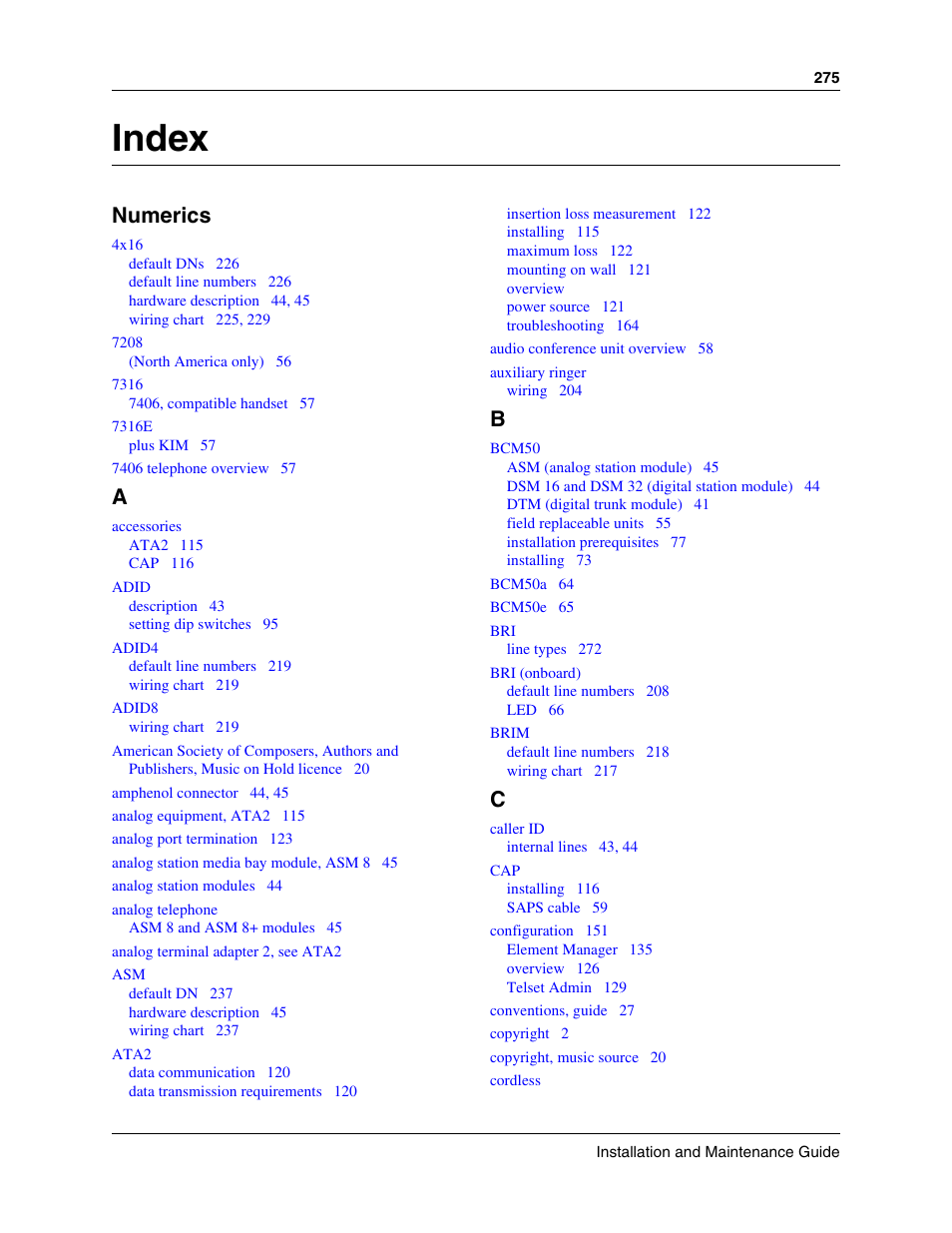 Index, Numerics | Nortel Networks BCM50 User Manual | Page 275 / 280