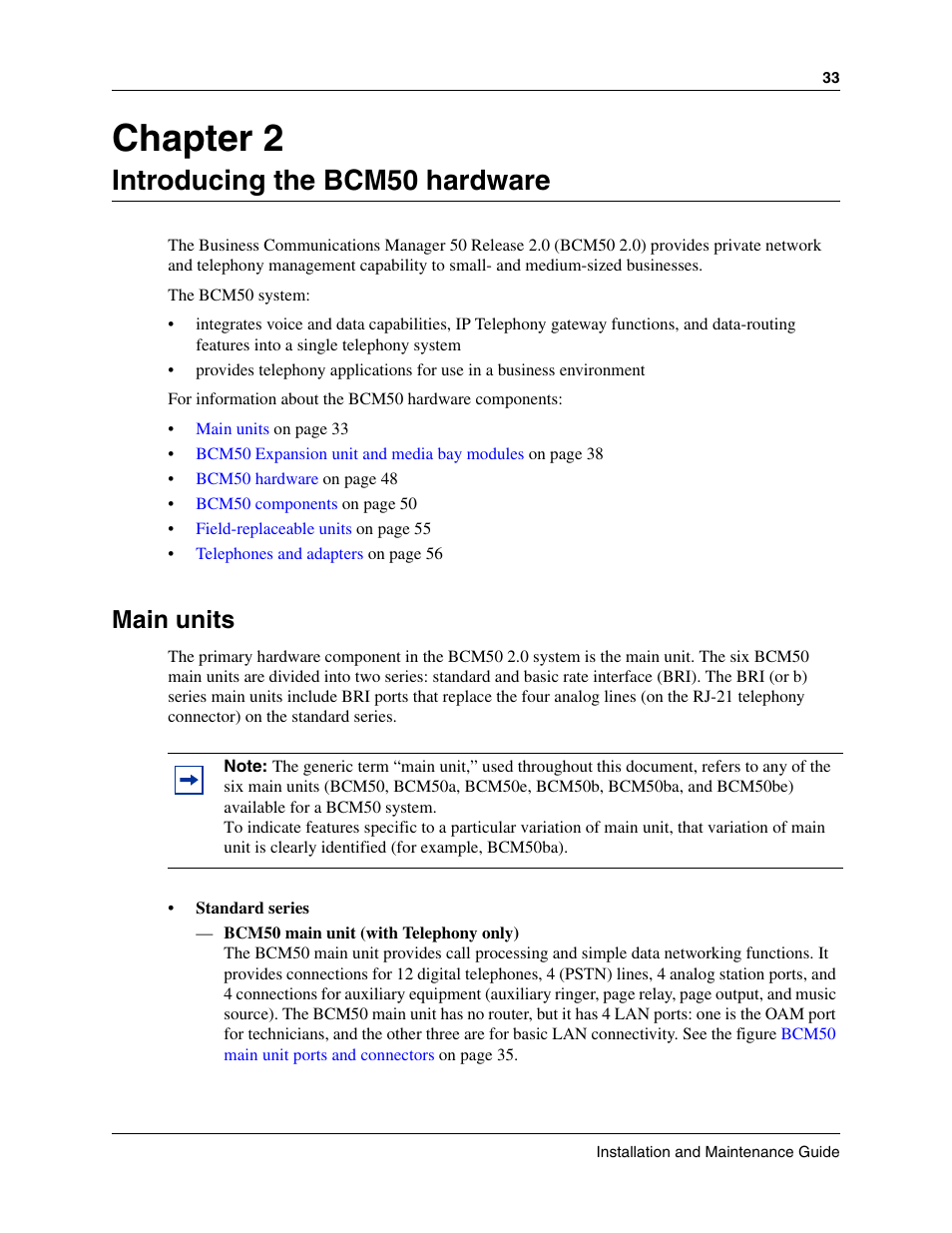 Introducing the bcm50 hardware, Main units, Chapter 2 introducing the bcm50 hardware | Chapter 2 | Nortel Networks BCM50 User Manual | Page 33 / 280