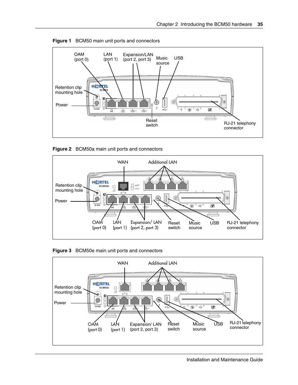 Bcm50, Main unit ports and connectors, Bcm50a main unit ports and connectors | Bcm50e main unit ports and connectors, Bcm50be main unit | Nortel Networks BCM50 User Manual | Page 35 / 280