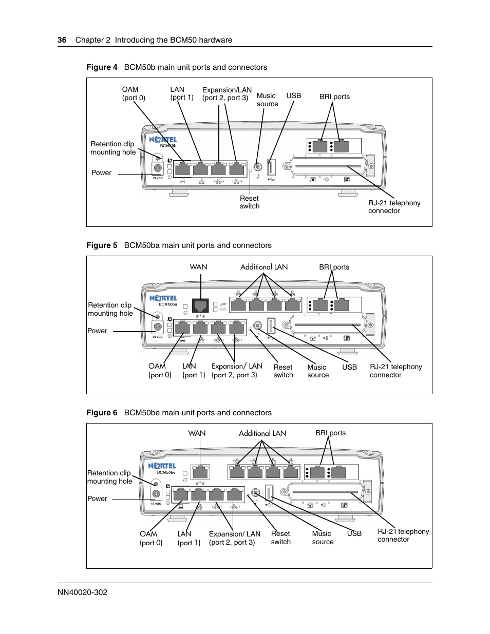 Bcm50b main unit ports, And connectors, Bcm50ba main unit | Ports and connectors | Nortel Networks BCM50 User Manual | Page 36 / 280