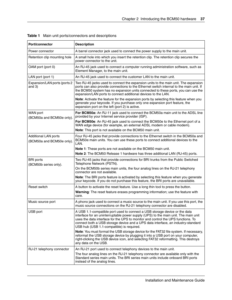 Main unit ports/connectors, And descriptions | Nortel Networks BCM50 User Manual | Page 37 / 280