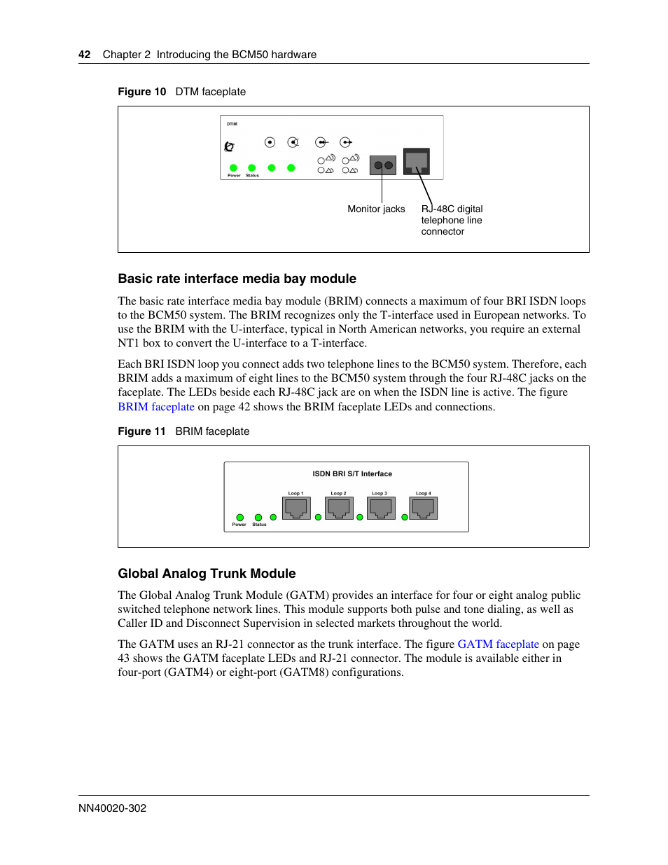Dtm faceplate, Basic rate interface media, Bay module | Global analog trunk module | Nortel Networks BCM50 User Manual | Page 42 / 280