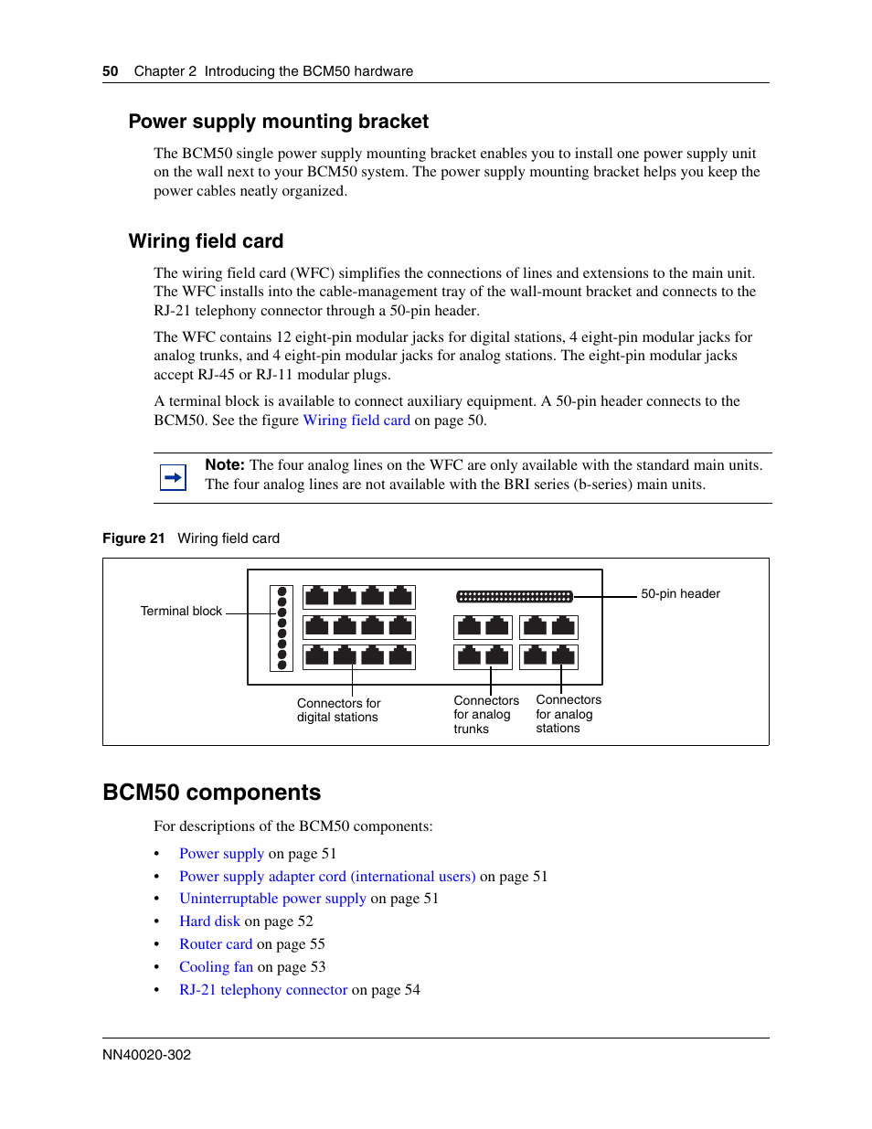 Power supply mounting bracket, Wiring field card, Bcm50 components | Nortel Networks BCM50 User Manual | Page 50 / 280