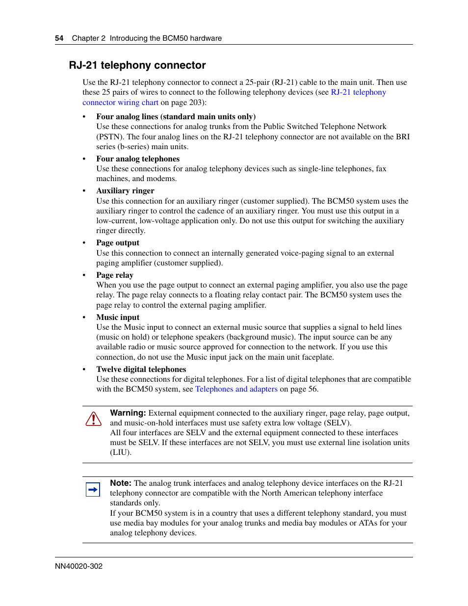 Rj-21 telephony connector | Nortel Networks BCM50 User Manual | Page 54 / 280