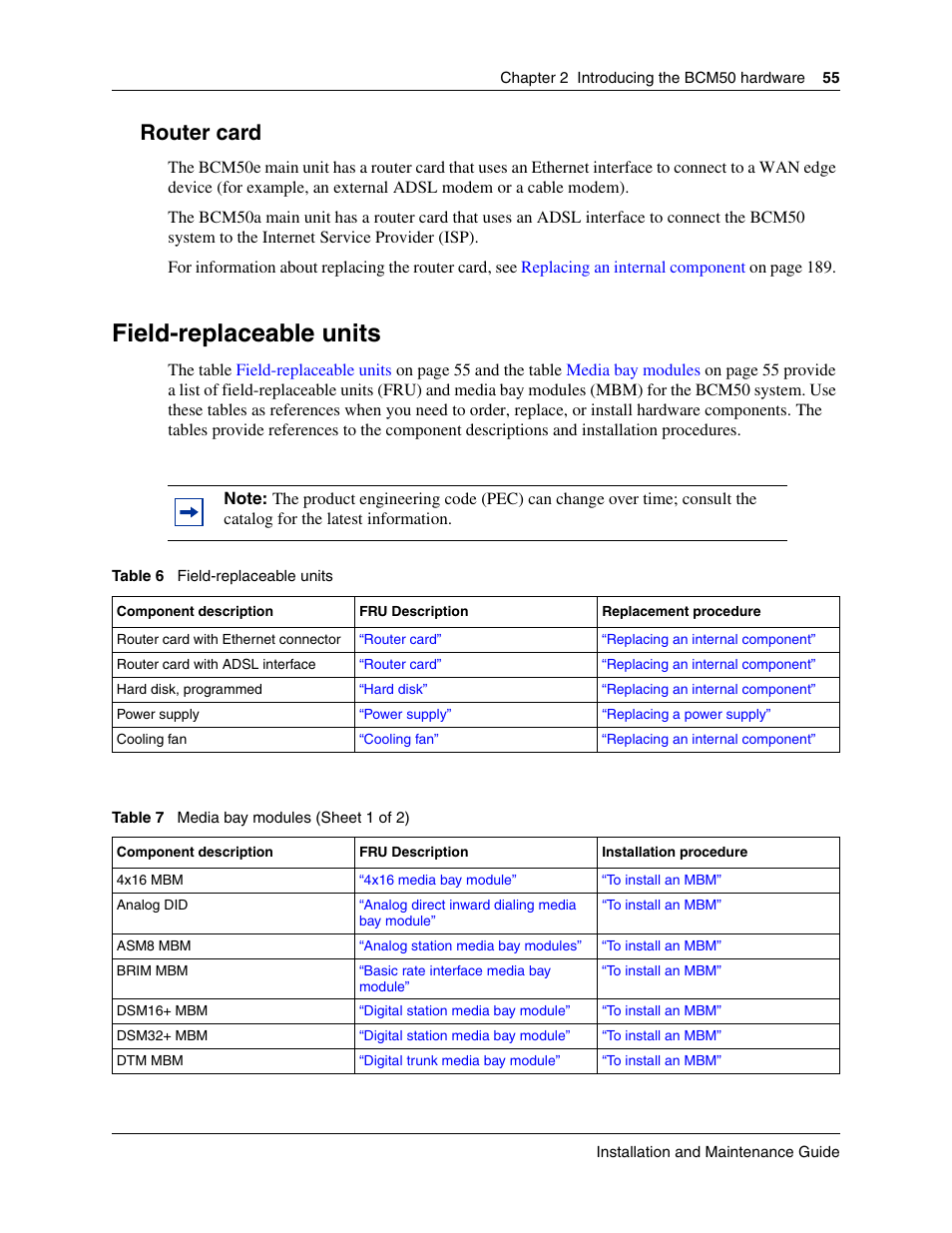 Router card, Field-replaceable units, Media bay modules | Nortel Networks BCM50 User Manual | Page 55 / 280