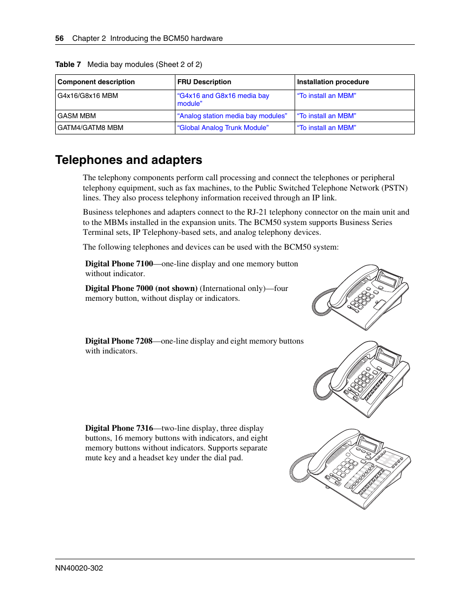 Telephones and adapters, With the bcm50 system, see | Nortel Networks BCM50 User Manual | Page 56 / 280
