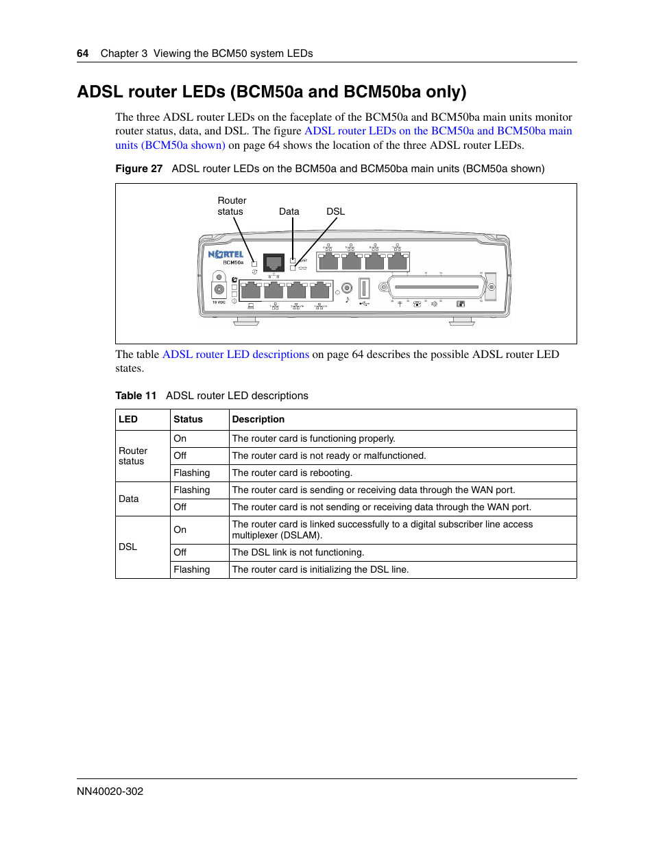 Adsl router leds (bcm50a and bcm50ba only) | Nortel Networks BCM50 User Manual | Page 64 / 280