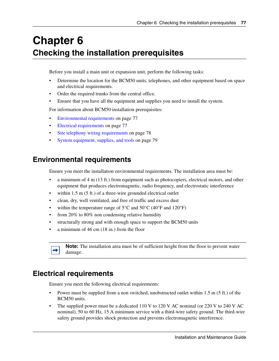 Checking the installation prerequisites, Environmental requirements, Electrical requirements | Chapter 6 checking the installation prerequisites, Chapter 6 | Nortel Networks BCM50 User Manual | Page 77 / 280