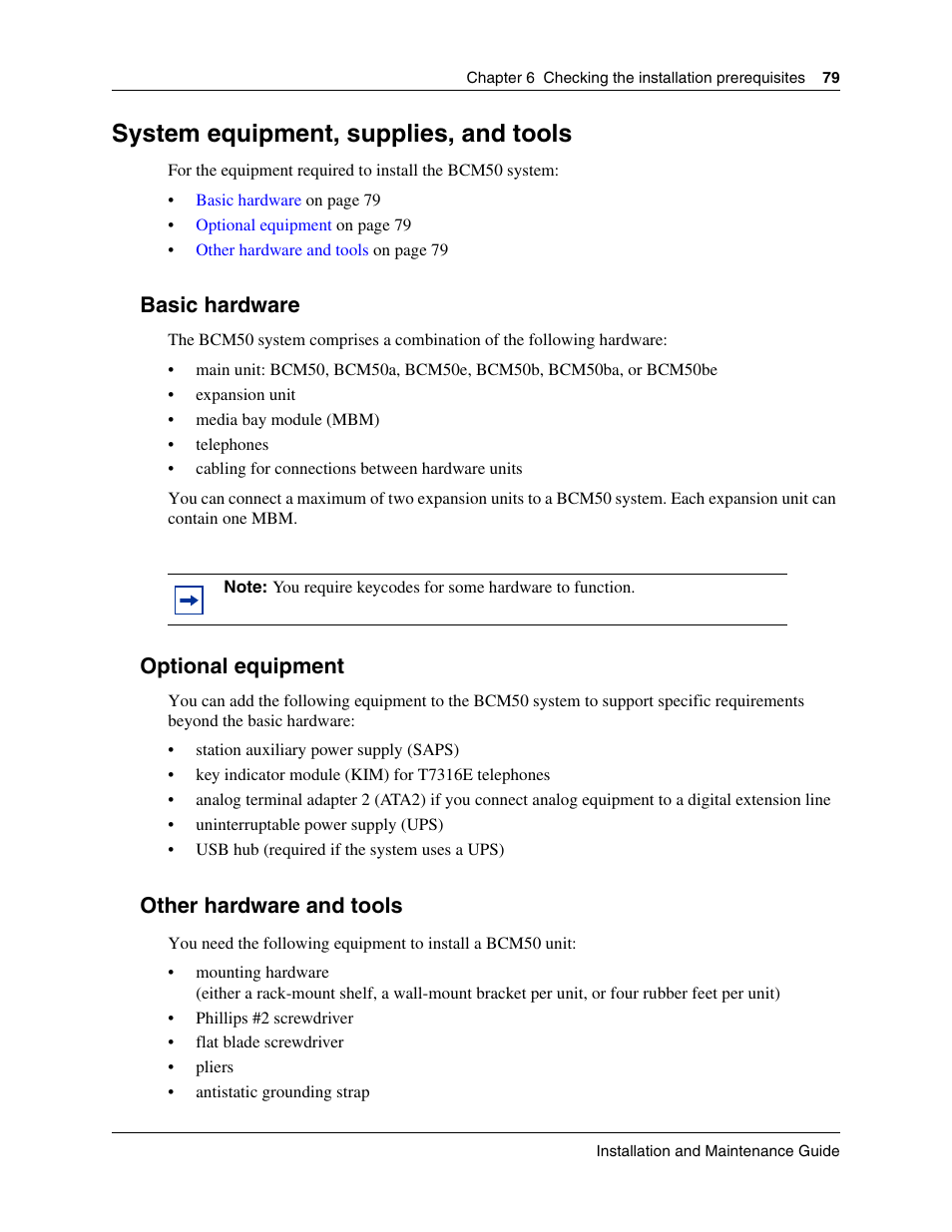 System equipment, supplies, and tools, Basic hardware, Optional equipment | Other hardware and tools | Nortel Networks BCM50 User Manual | Page 79 / 280