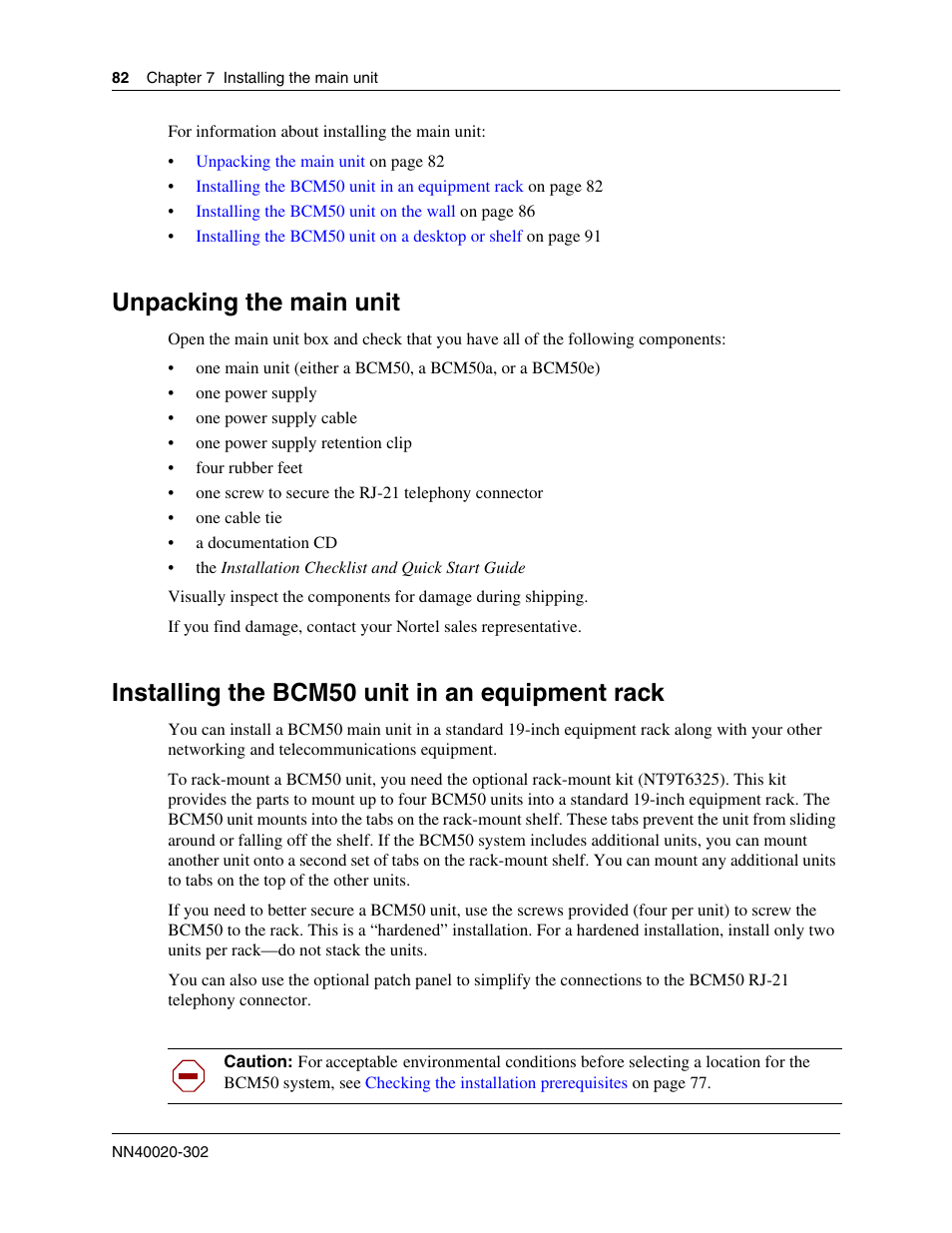 Unpacking the main unit, Installing the bcm50 unit in an equipment rack | Nortel Networks BCM50 User Manual | Page 82 / 280