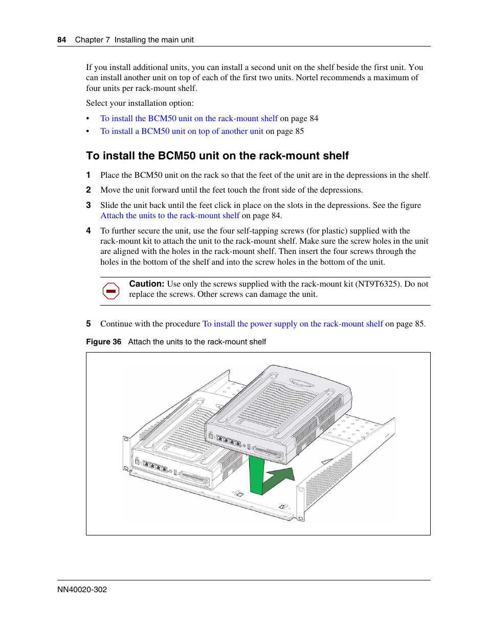 To install the bcm50 unit on the rack-mount shelf | Nortel Networks BCM50 User Manual | Page 84 / 280