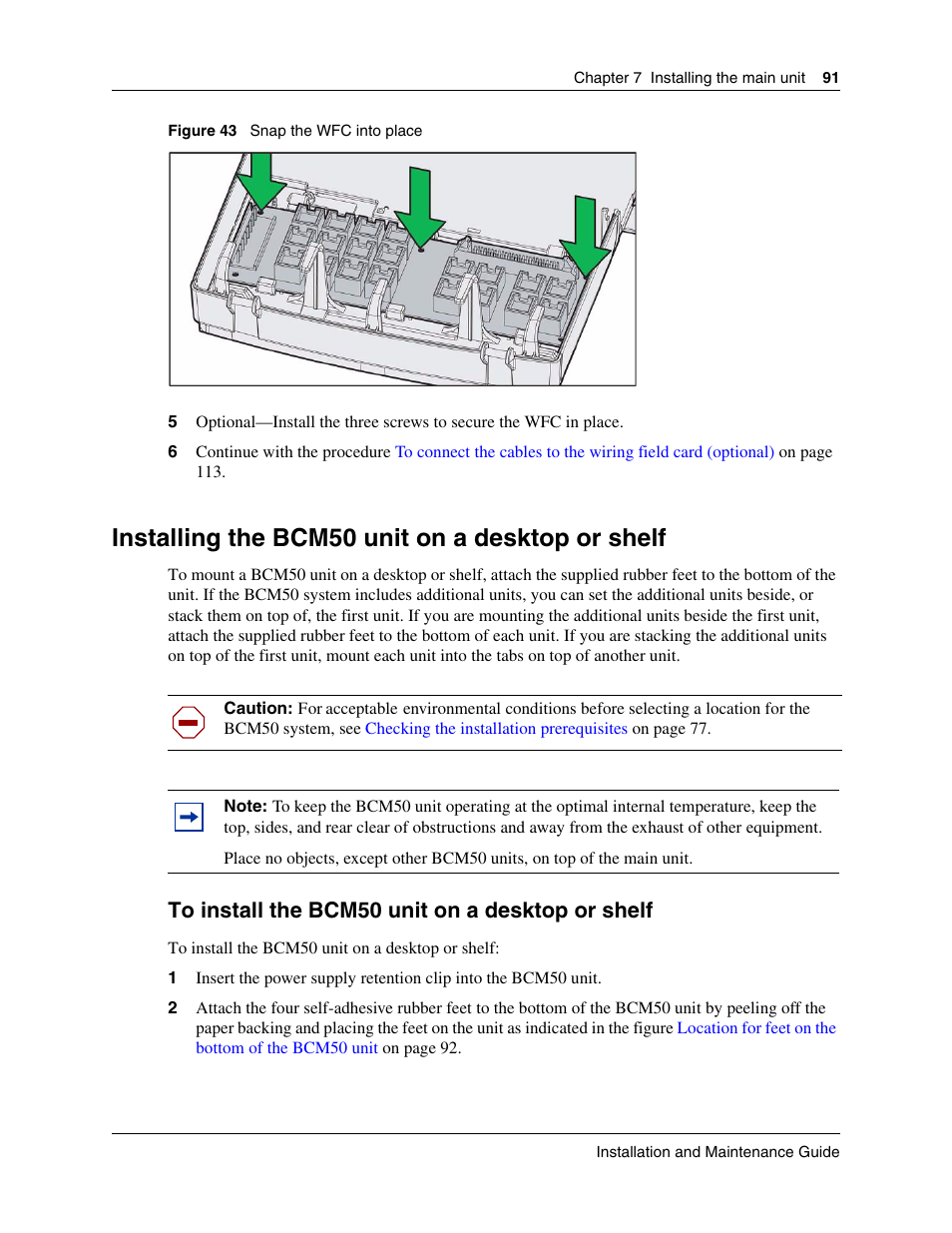 Installing the bcm50 unit on a desktop or shelf, To install the bcm50 unit on a desktop or shelf, Snap the wfc into place | Nortel Networks BCM50 User Manual | Page 91 / 280