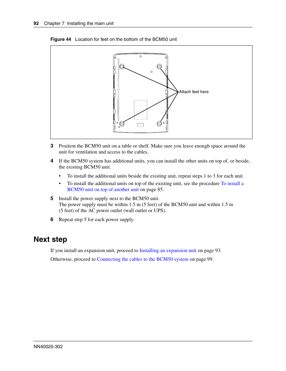 Next step, Location for feet on the, Bottom of the bcm50 unit | Nortel Networks BCM50 User Manual | Page 92 / 280