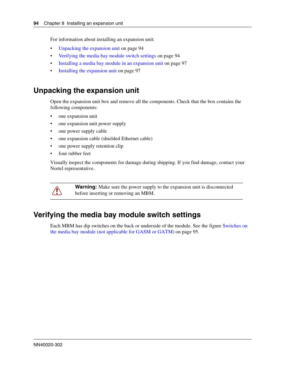 Unpacking the expansion unit, Verifying the media bay module switch settings, Correctly (see | Verifying the media bay module switch, Settings | Nortel Networks BCM50 User Manual | Page 94 / 280