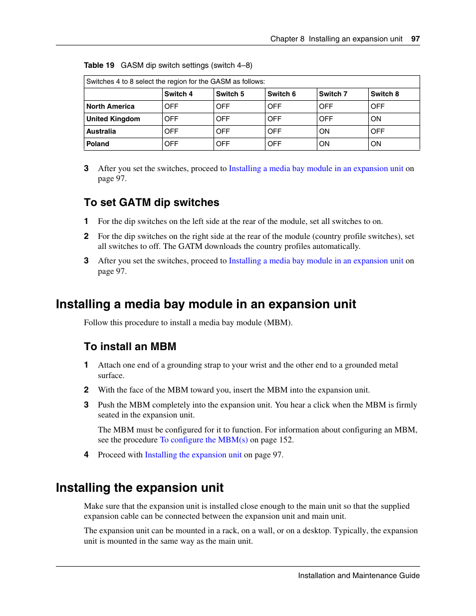 Installing a media bay module in an expansion unit, Installing the expansion unit, To set gatm dip switches to install an mbm | To install an mbm, To set gatm dip switches, E table, Gasm dip switch, Settings (switch 4–8) | Nortel Networks BCM50 User Manual | Page 97 / 280