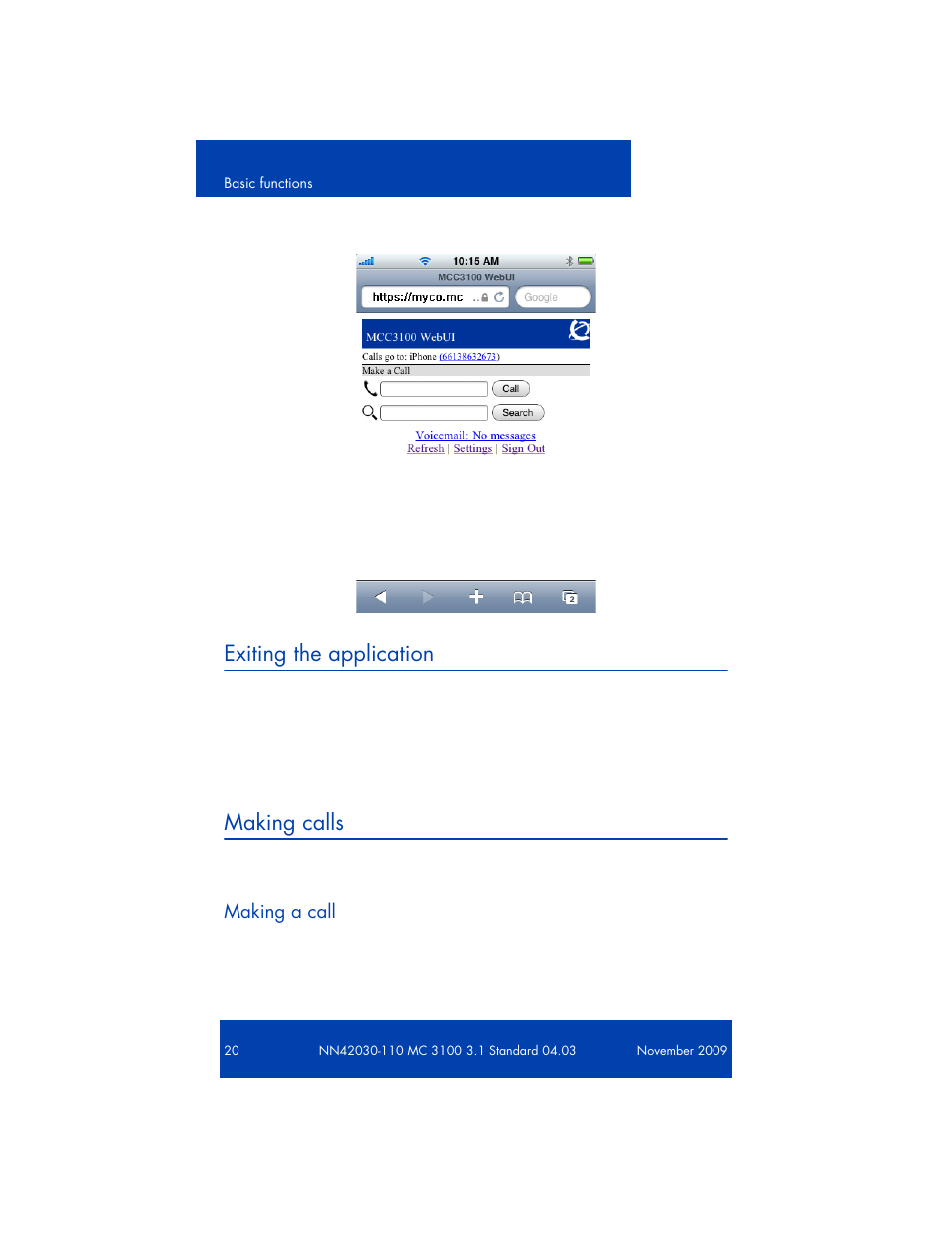 Exiting the application, Making calls, Making a call | Nortel Networks 3100  EN User Manual | Page 20 / 34