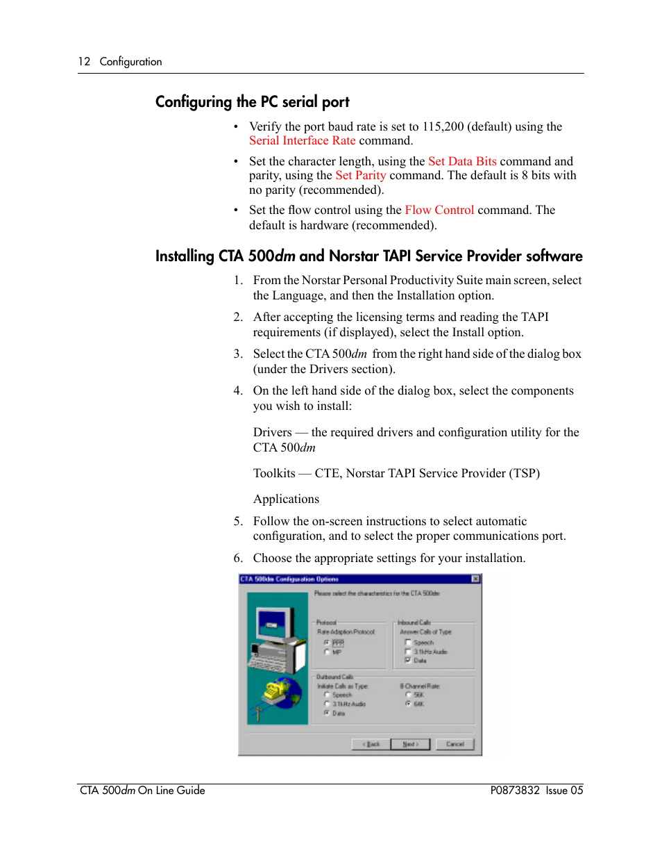 Configuring the pc serial port, Conþguring the pc serial port, Software | Nortel Networks CTA 500dm User Manual | Page 12 / 86