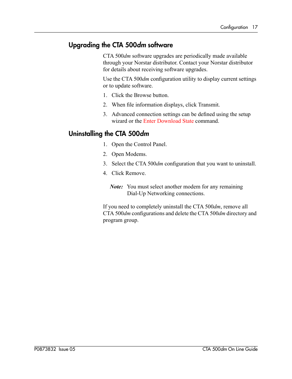 Upgrading the cta 500dm software, Uninstalling the cta500dm | Nortel Networks CTA 500dm User Manual | Page 17 / 86