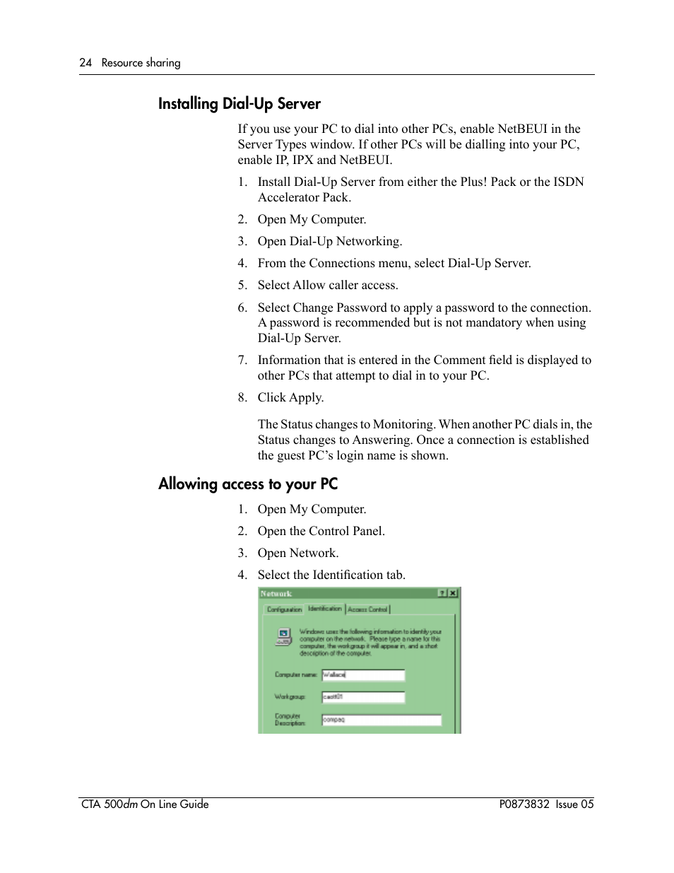 Installing dial-up server, Allowing access to your pc | Nortel Networks CTA 500dm User Manual | Page 24 / 86