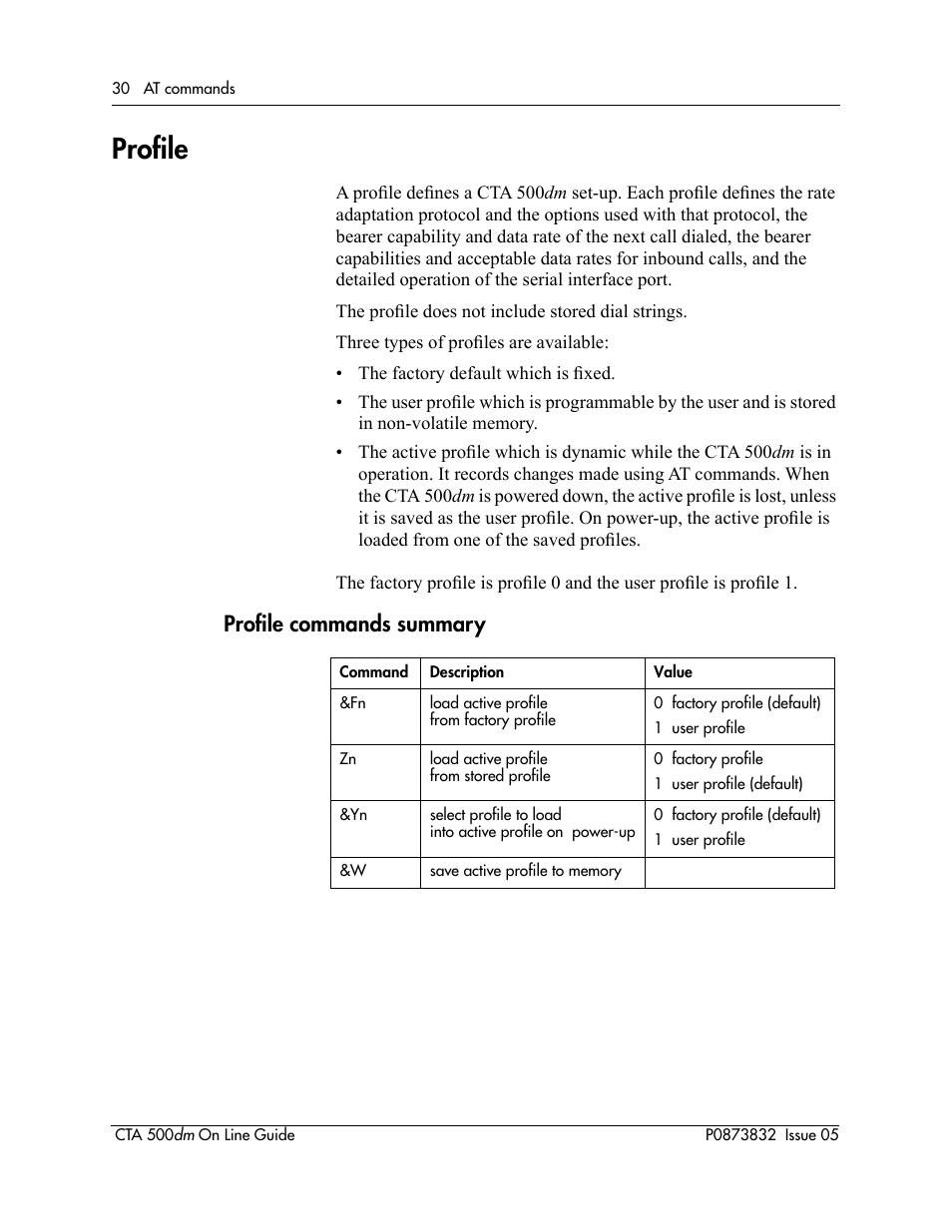 Profile, Profile commands summary, Proþle | Nortel Networks CTA 500dm User Manual | Page 30 / 86