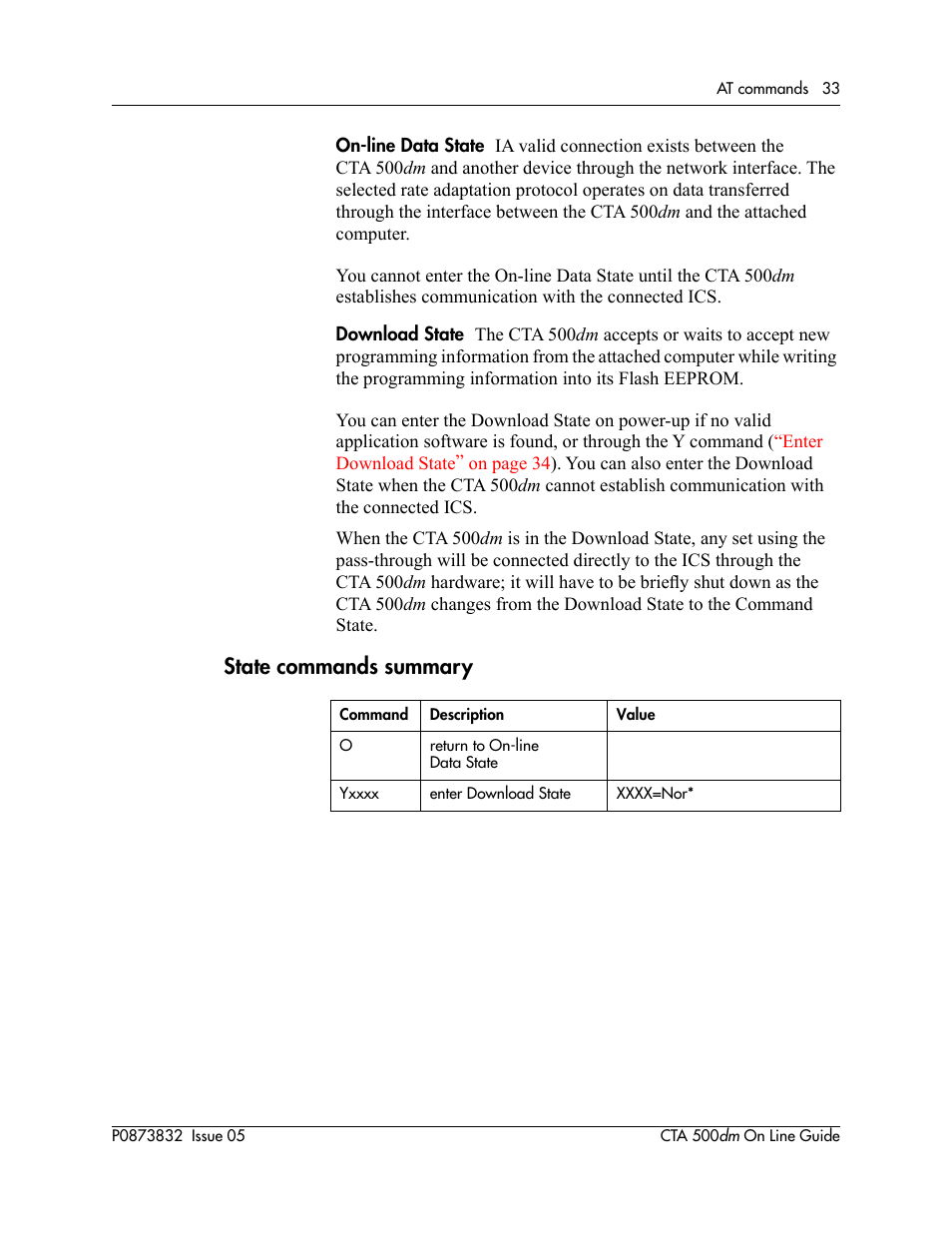 State commands summary | Nortel Networks CTA 500dm User Manual | Page 33 / 86