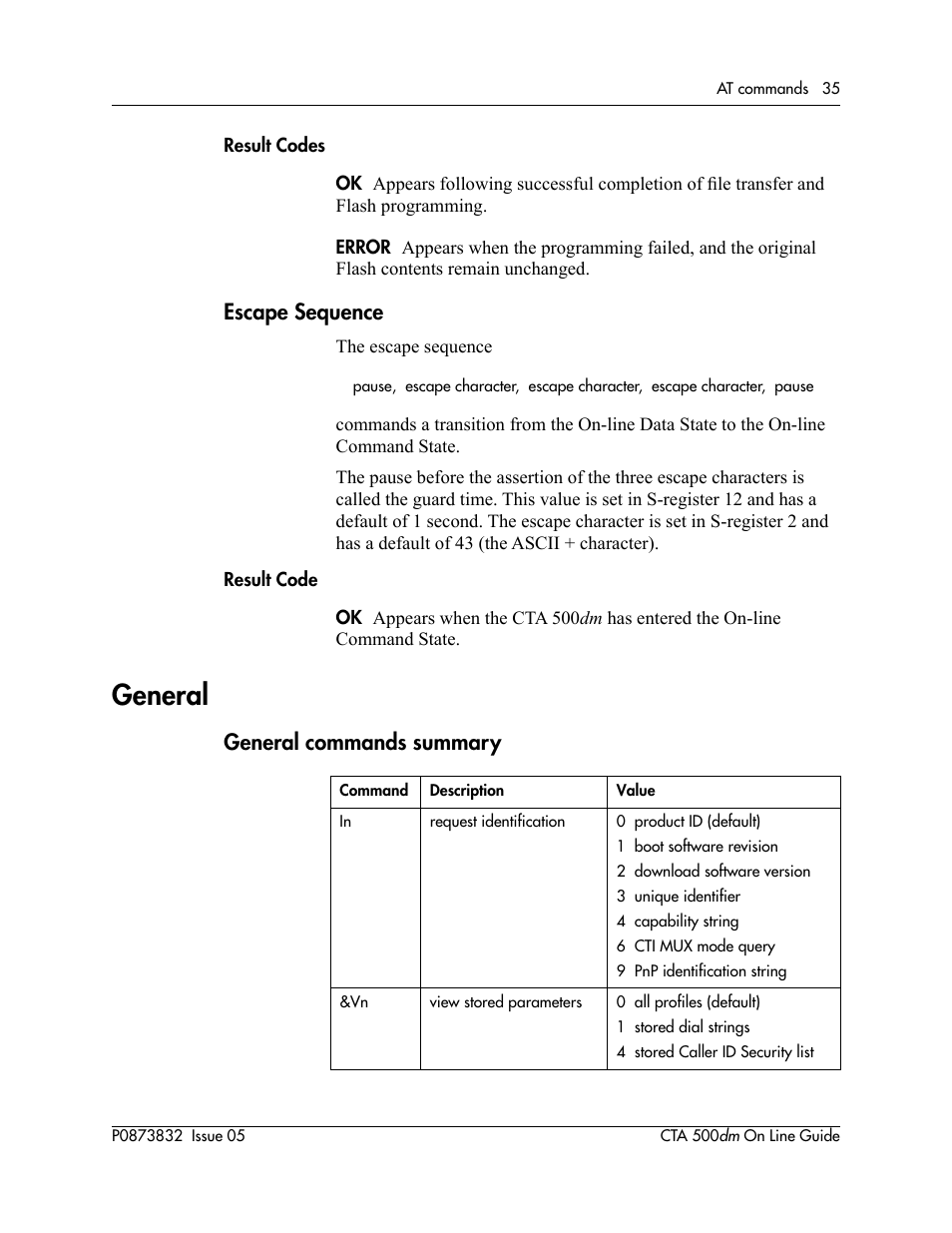 Escape sequence, General, General commands summary | Nortel Networks CTA 500dm User Manual | Page 35 / 86