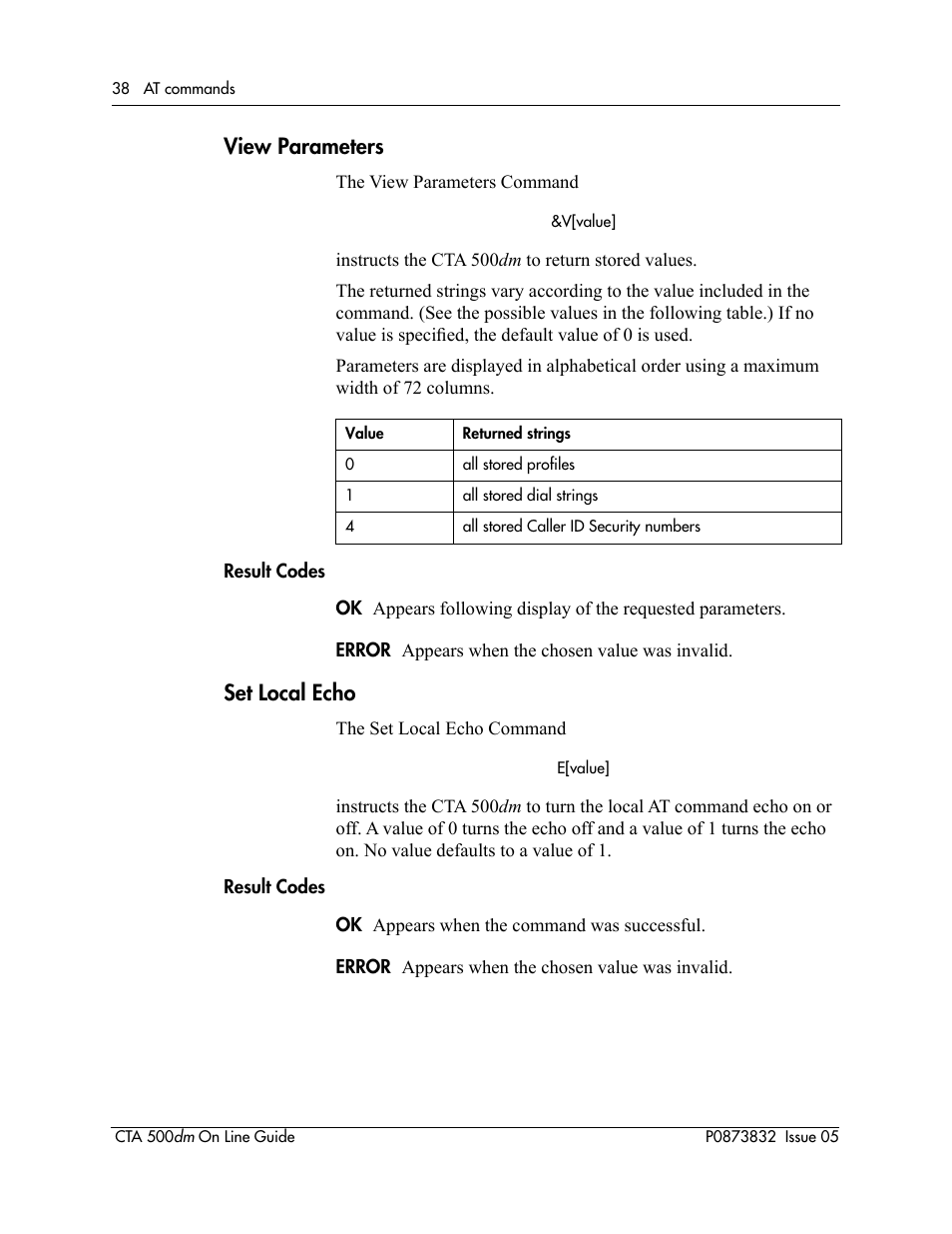 View parameters, Set local echo, Result codes | Nortel Networks CTA 500dm User Manual | Page 38 / 86
