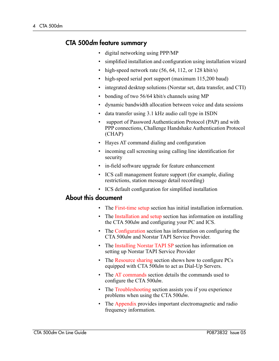 Cta500dm feature summary, About this document | Nortel Networks CTA 500dm User Manual | Page 4 / 86