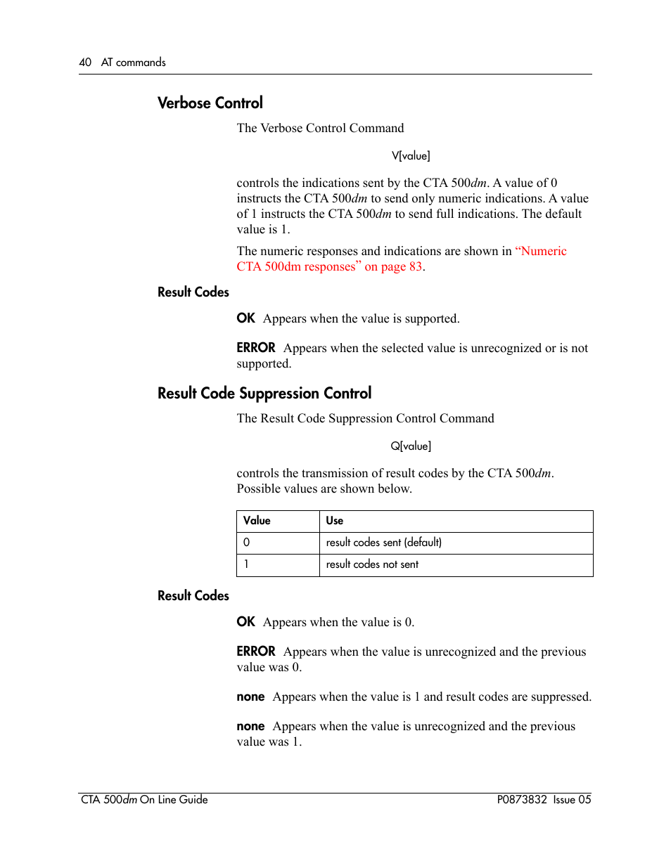 Verbose control, Result code suppression control | Nortel Networks CTA 500dm User Manual | Page 40 / 86