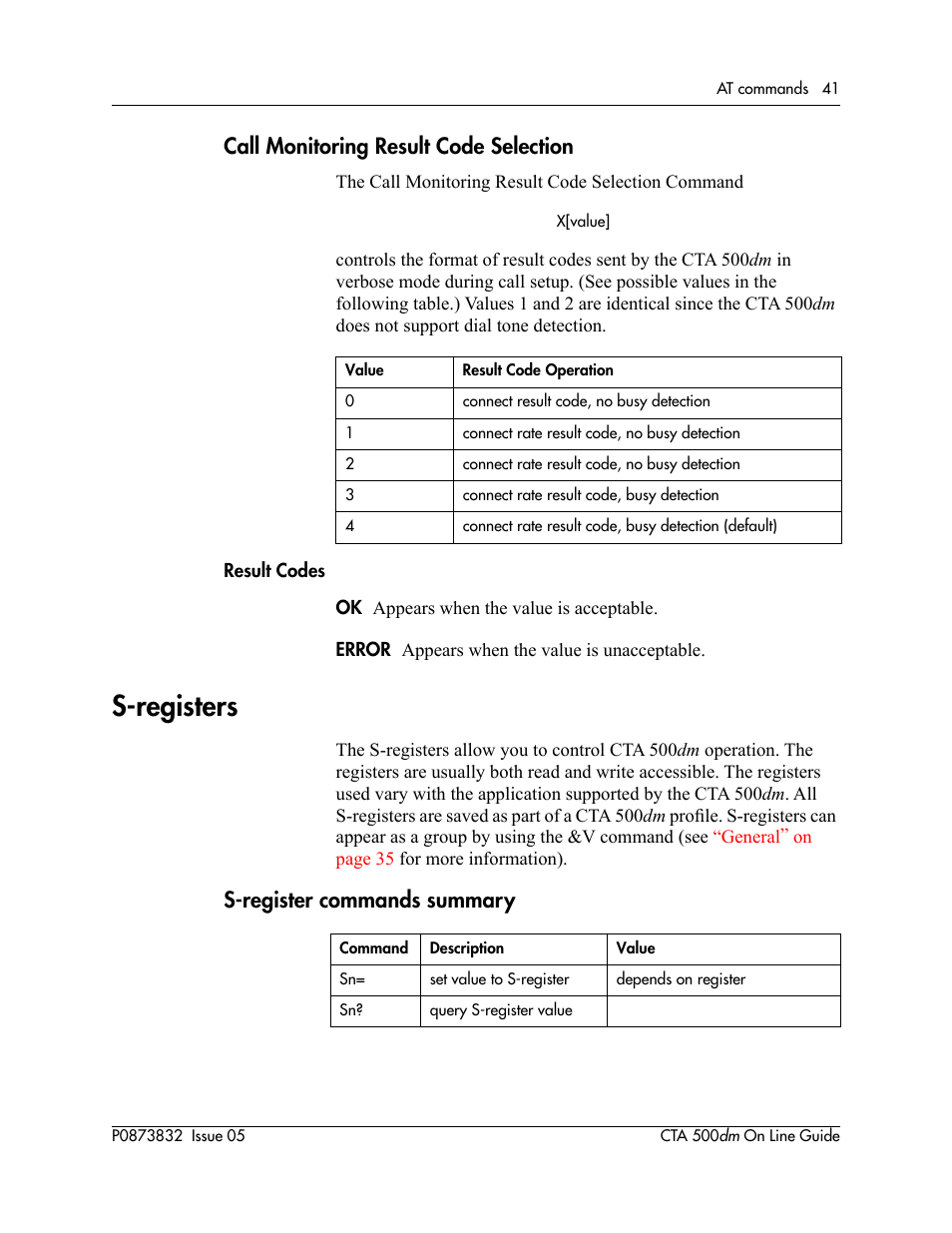 Call monitoring result code selection, S-registers, S-register commands summary | Commands | Nortel Networks CTA 500dm User Manual | Page 41 / 86