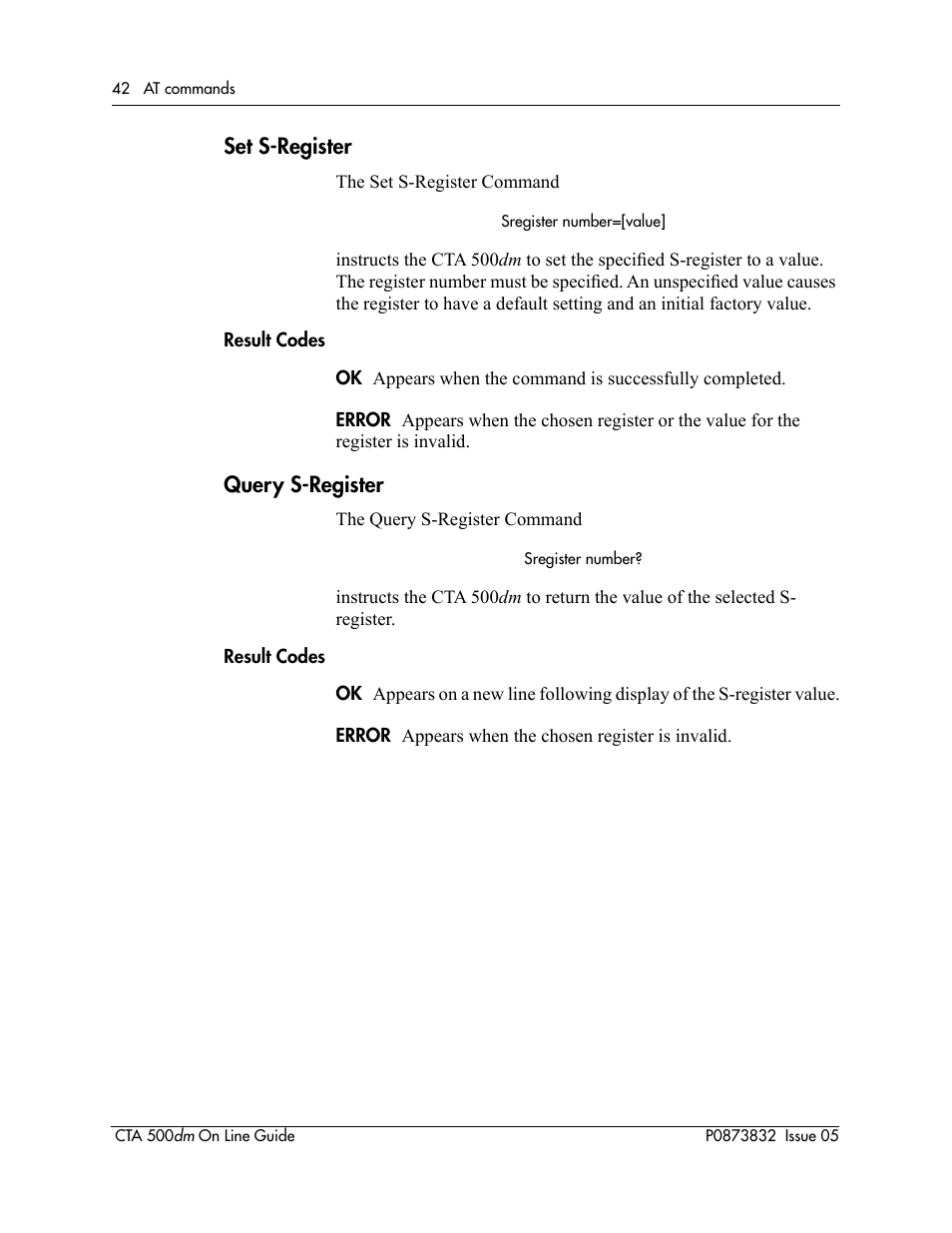 Set s-register, Query s-register | Nortel Networks CTA 500dm User Manual | Page 42 / 86