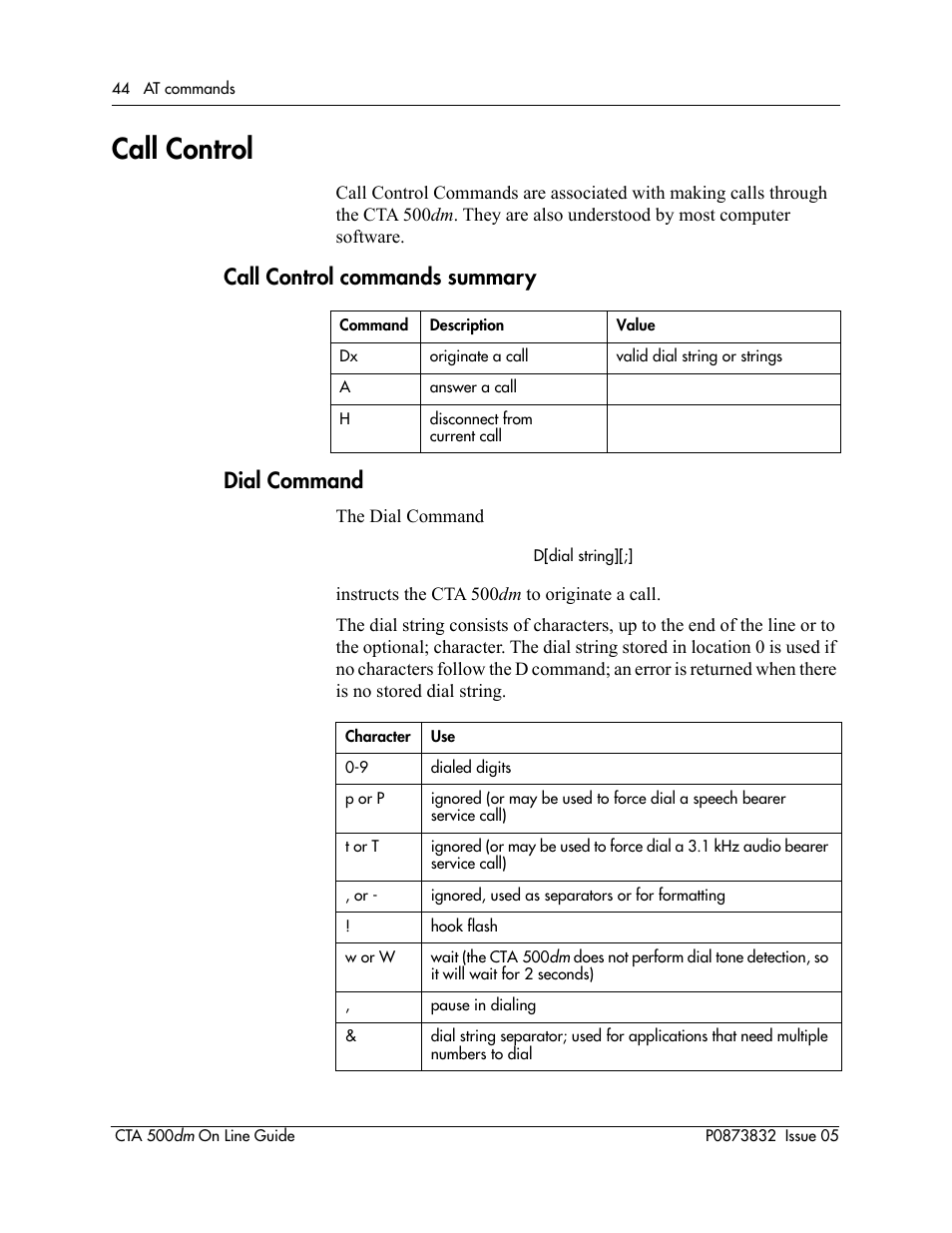 Call control, Call control commands summary, Dial command | Call control commands summary dial command | Nortel Networks CTA 500dm User Manual | Page 44 / 86