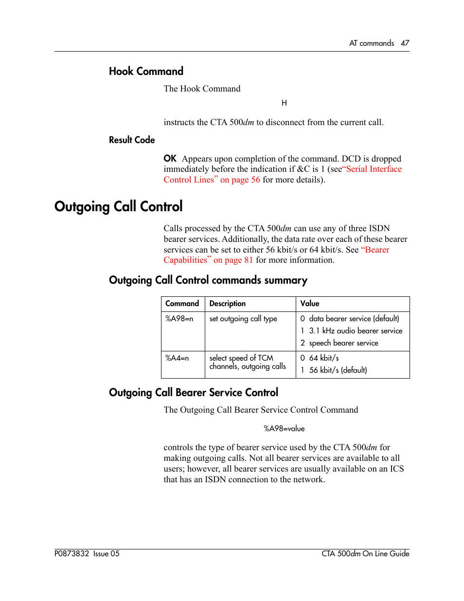 Hook command, Outgoing call control, Outgoing call control commands summary | Outgoing call bearer service control | Nortel Networks CTA 500dm User Manual | Page 47 / 86