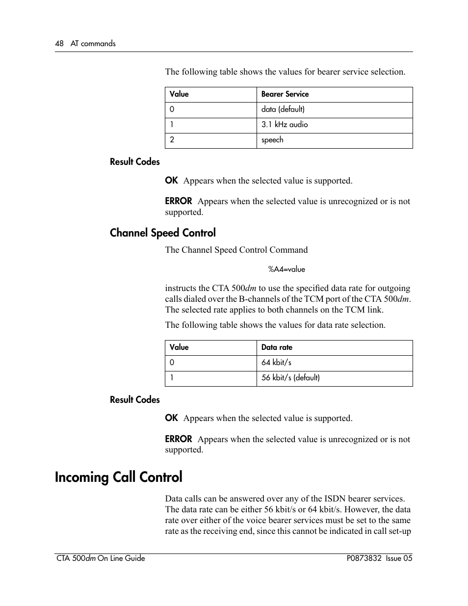 Channel speed control, Incoming call control | Nortel Networks CTA 500dm User Manual | Page 48 / 86