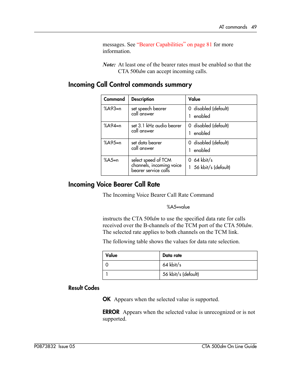 Incoming call control commands summary, Incoming voice bearer call rate | Nortel Networks CTA 500dm User Manual | Page 49 / 86