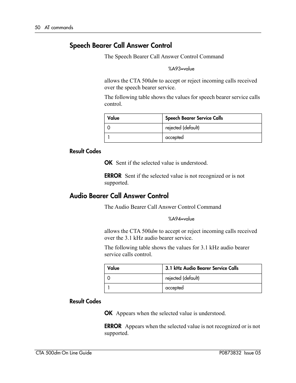 Speech bearer call answer control, Audio bearer call answer control | Nortel Networks CTA 500dm User Manual | Page 50 / 86