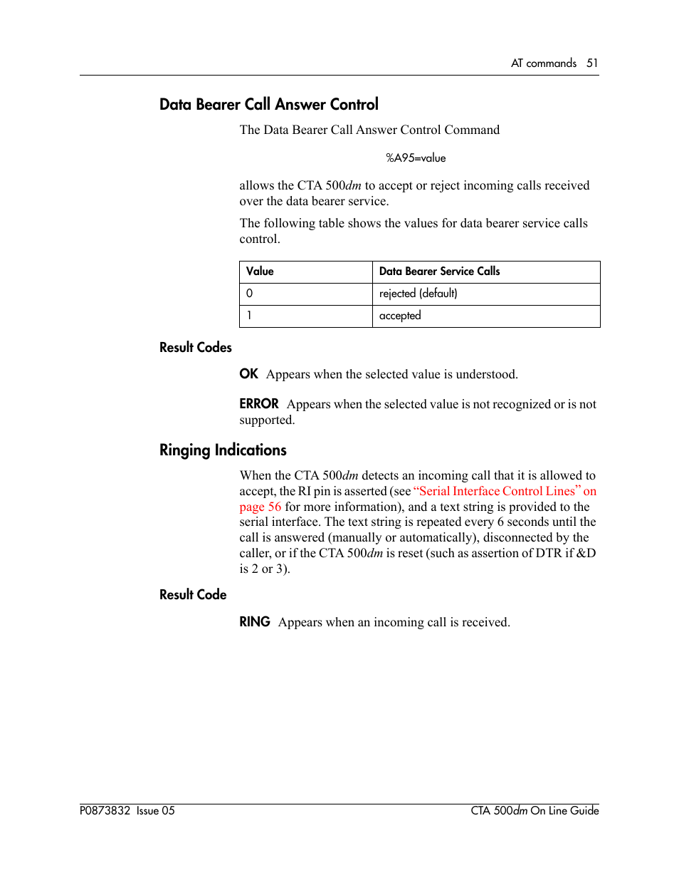 Data bearer call answer control, Ringing indications | Nortel Networks CTA 500dm User Manual | Page 51 / 86