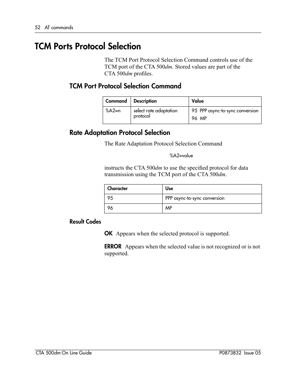 Tcm ports protocol selection, Tcm port protocol selection command, Rate adaptation protocol selection | Nortel Networks CTA 500dm User Manual | Page 52 / 86