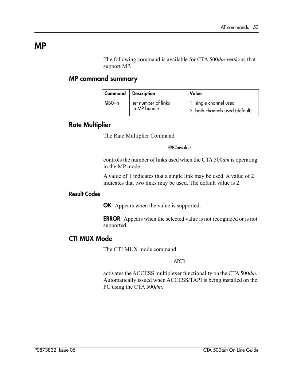 Mp command summary, Rate multiplier, Cti mux mode | Commands, Mp command summary rate multiplier | Nortel Networks CTA 500dm User Manual | Page 53 / 86