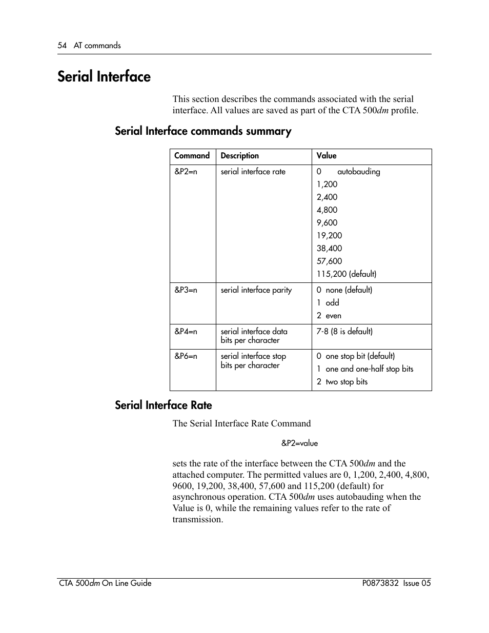 Serial interface, Serial interface commands summary, Serial interface rate | Command, Commands | Nortel Networks CTA 500dm User Manual | Page 54 / 86