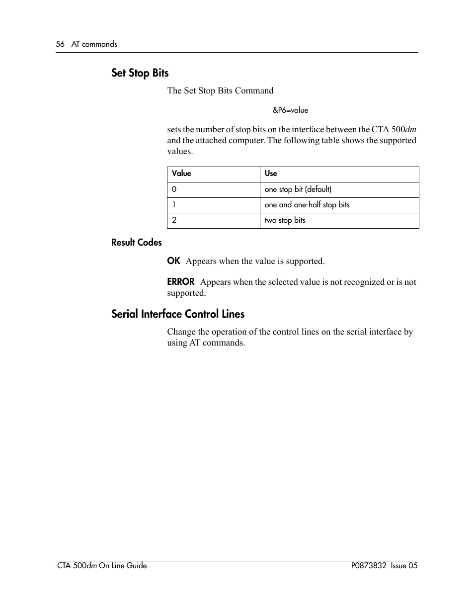 Set stop bits, Serial interface control lines, Òserial interface control | And if &d is either 1, 2 or 3 (see the, Òserial interface control linesó, For the commands), For more details), And if &d is either 1, 2 or 3 (see, Òserial interface control linesó on, Immediately before the indication if &c is 1 (see | Nortel Networks CTA 500dm User Manual | Page 56 / 86